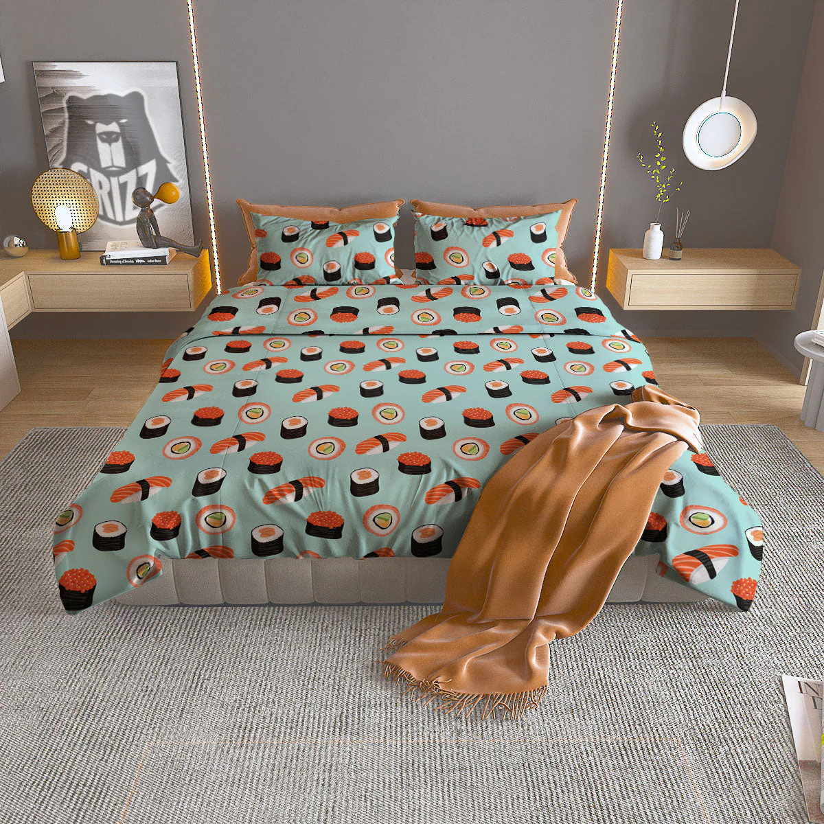 Rolls And Japanese Sushi Print Pattern Duvet Cover Bedding Set