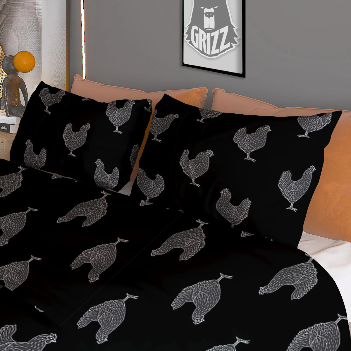 Rooster Black And White Print Pattern Duvet Cover Bedding Set - Image 3