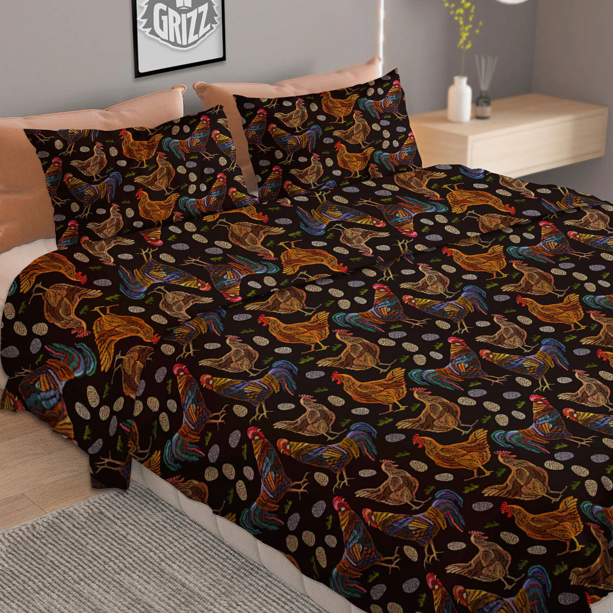Rooster Embroidery Print Pattern Duvet Cover Bedding Set - Image 2
