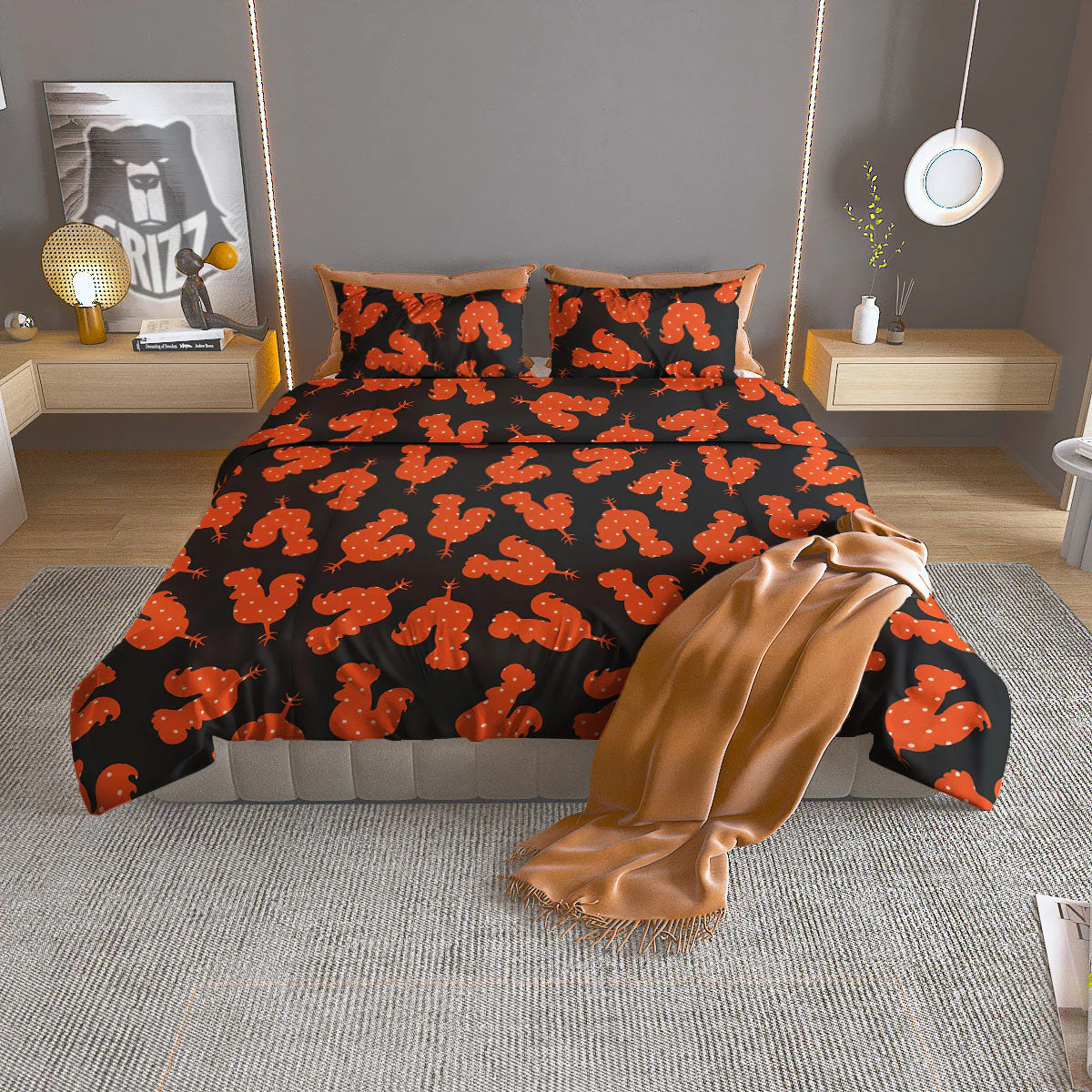 Rooster Polka Dot Print Pattern Duvet Cover Bedding Set