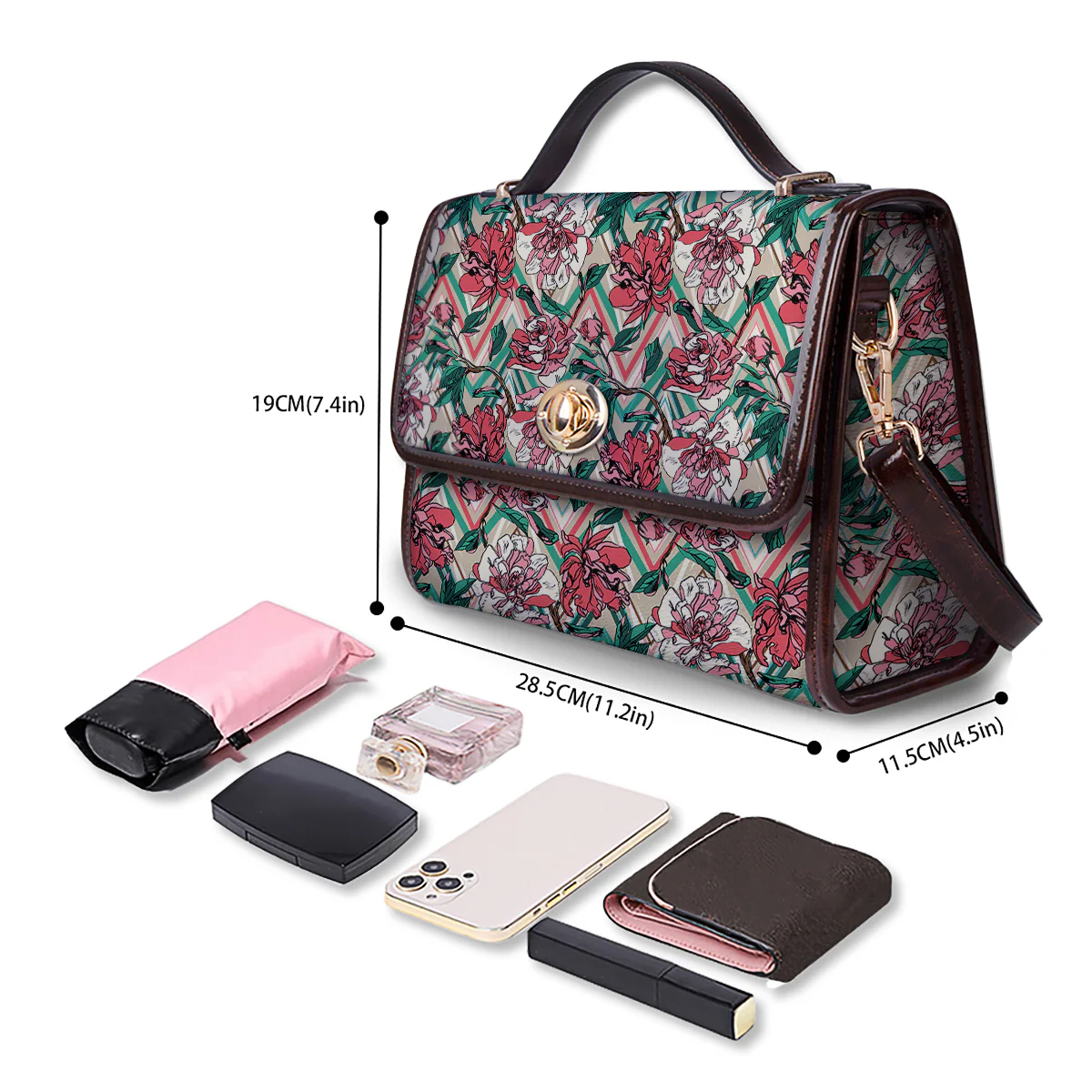 Rose And Zigzag Peony Print Pattern Women's Satchel Bag - Image 4