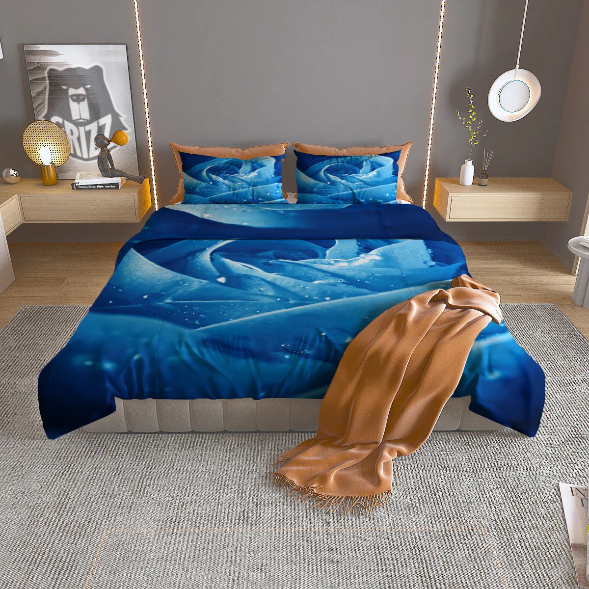 Rose Blue Print Duvet Cover Bedding Set