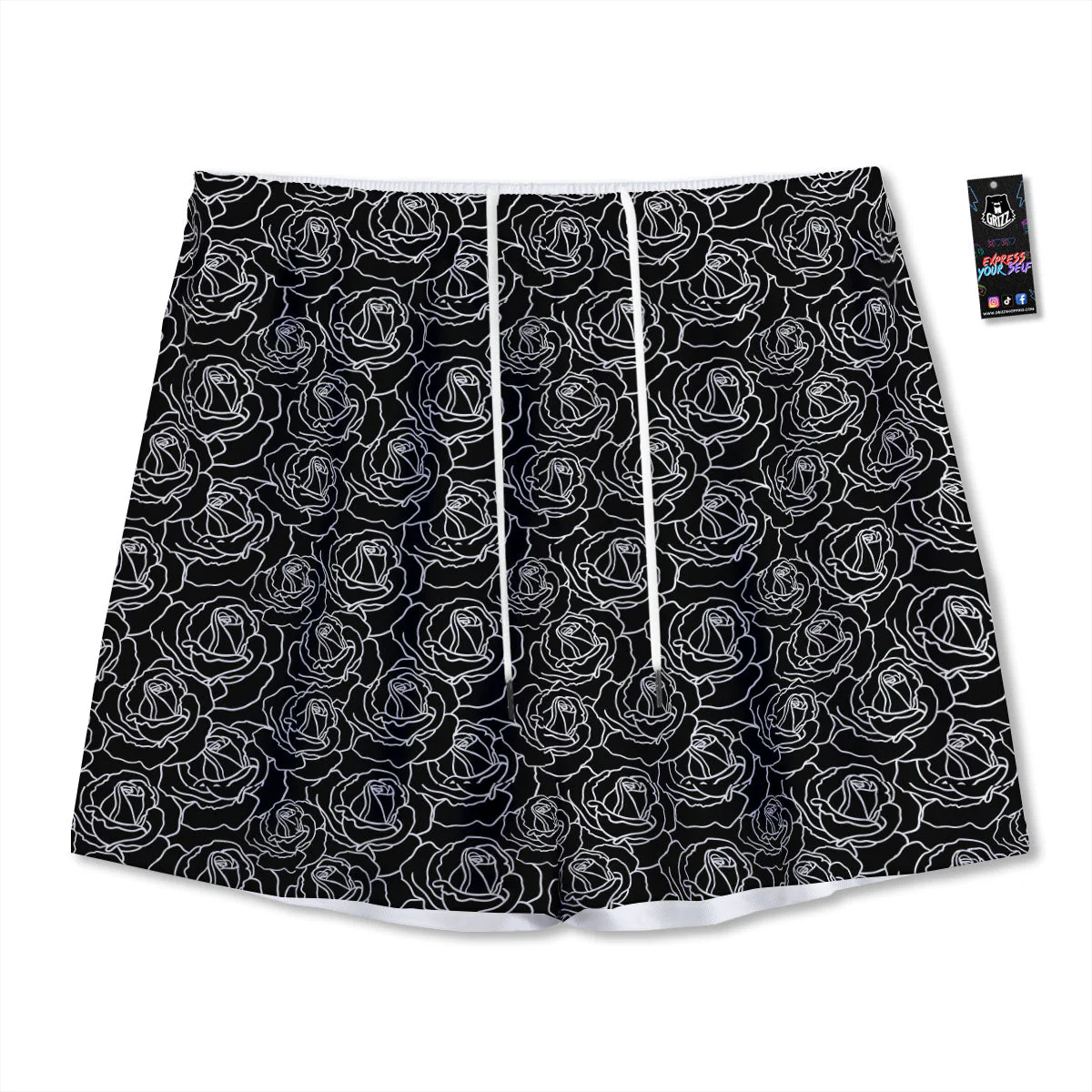 Rose Floral Black Print Pattern Mesh Shorts