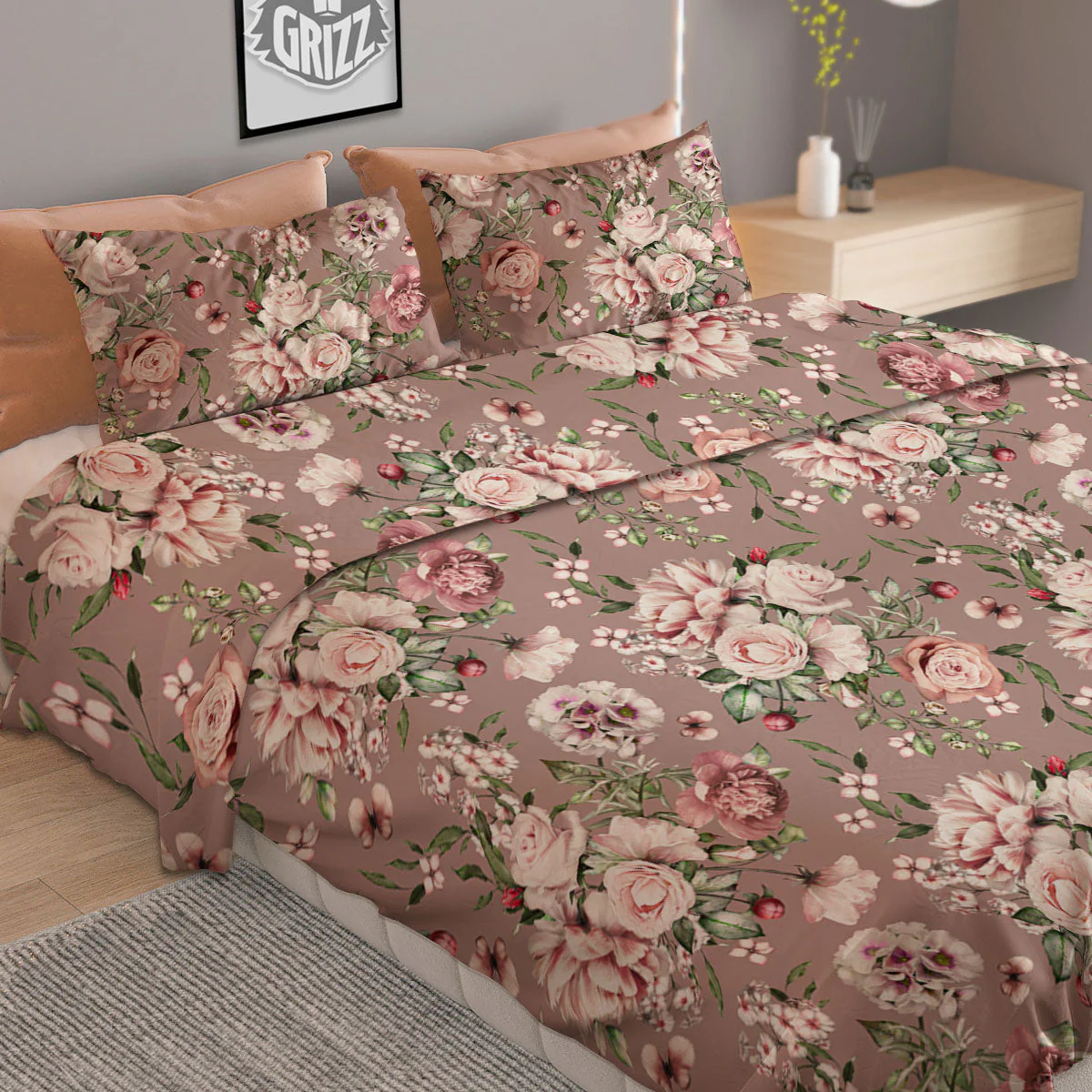 Rose Floral Pink Vintage Print Pattern Duvet Cover Bedding Set - Image 2