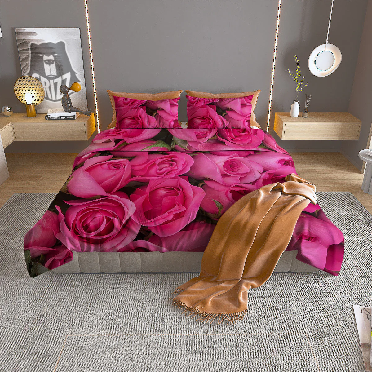 Rose Hot Pink Print Duvet Cover Bedding Set