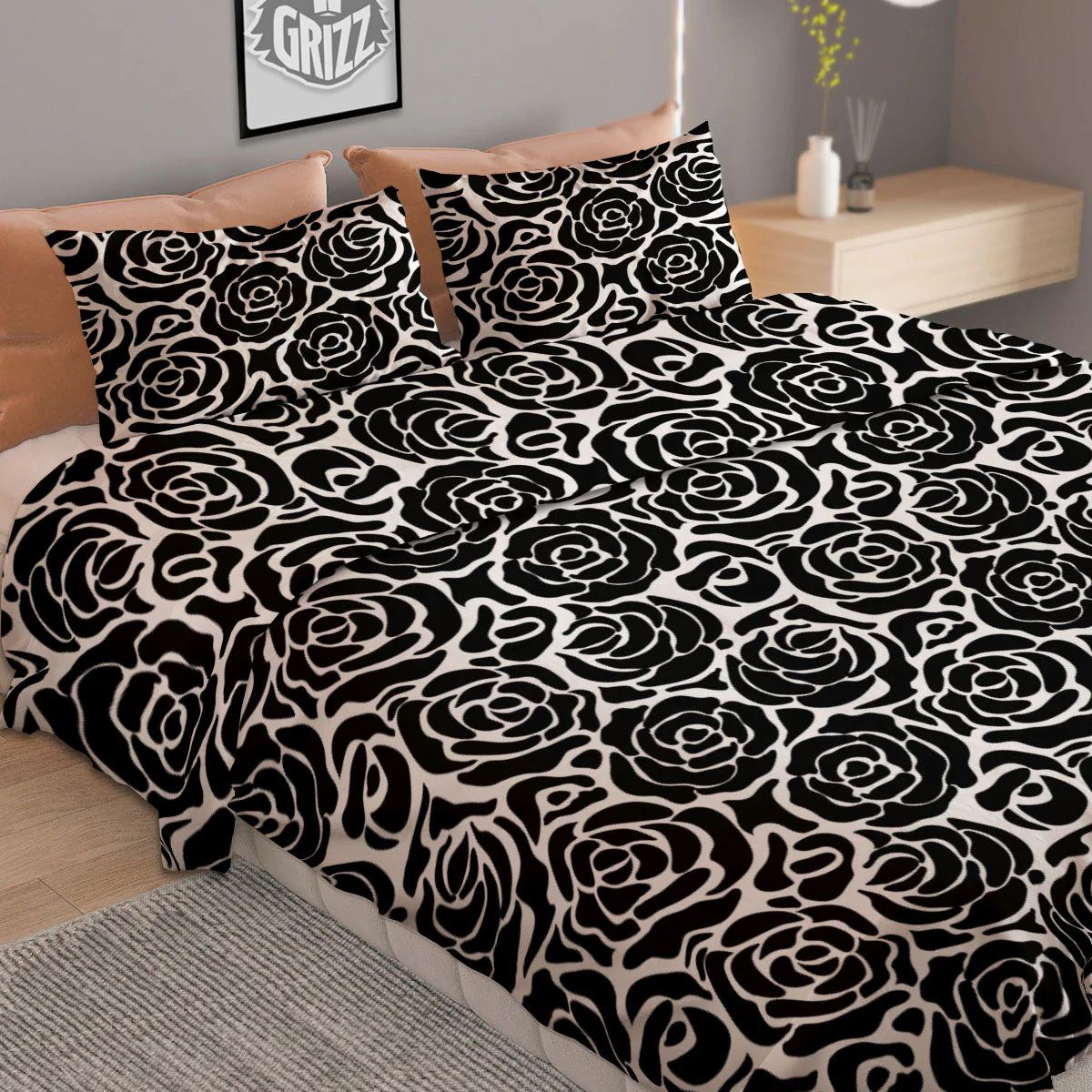 Rose Print Monochrome Pattern Duvet Cover Bedding Set - Image 2