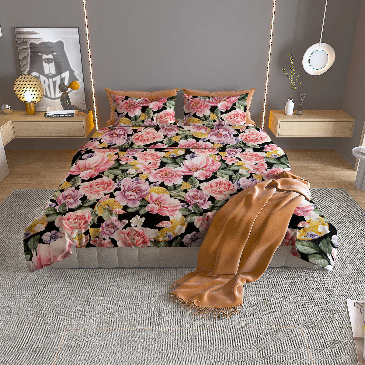 Rose Vintage Print Pattern Duvet Cover Bedding Set