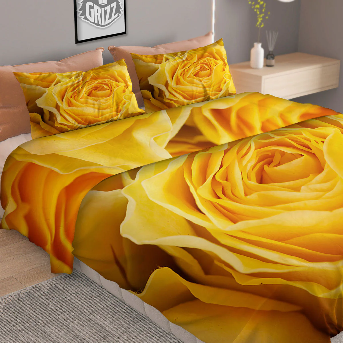 Rose Yellow Print Duvet Cover Bedding Set - Image 2