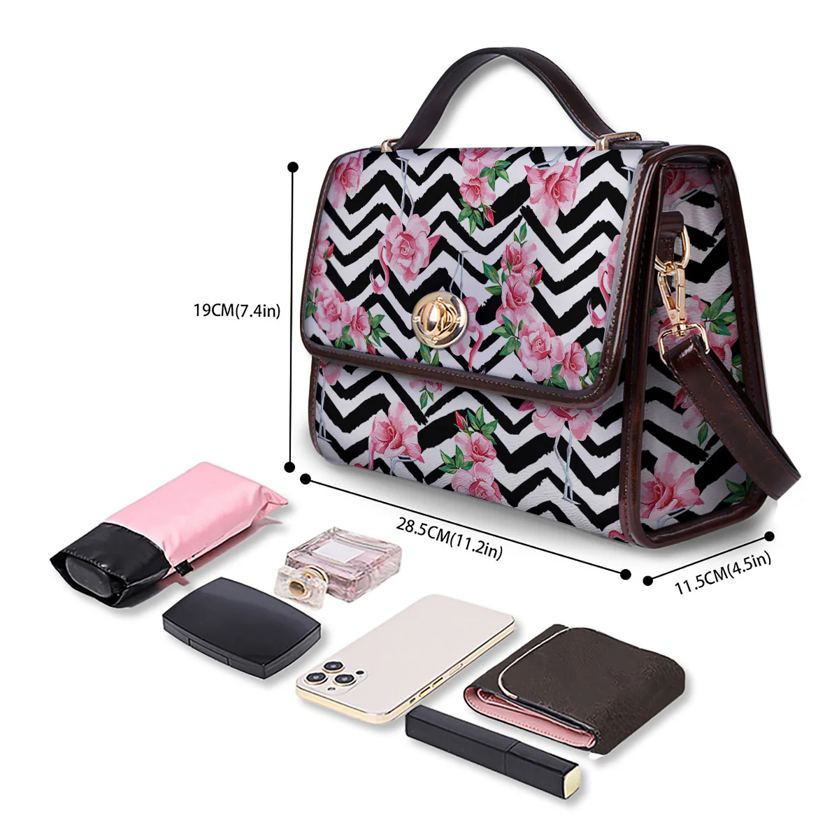 Rose Zigzag Pink Print Pattern Women's Satchel Bag - Image 4