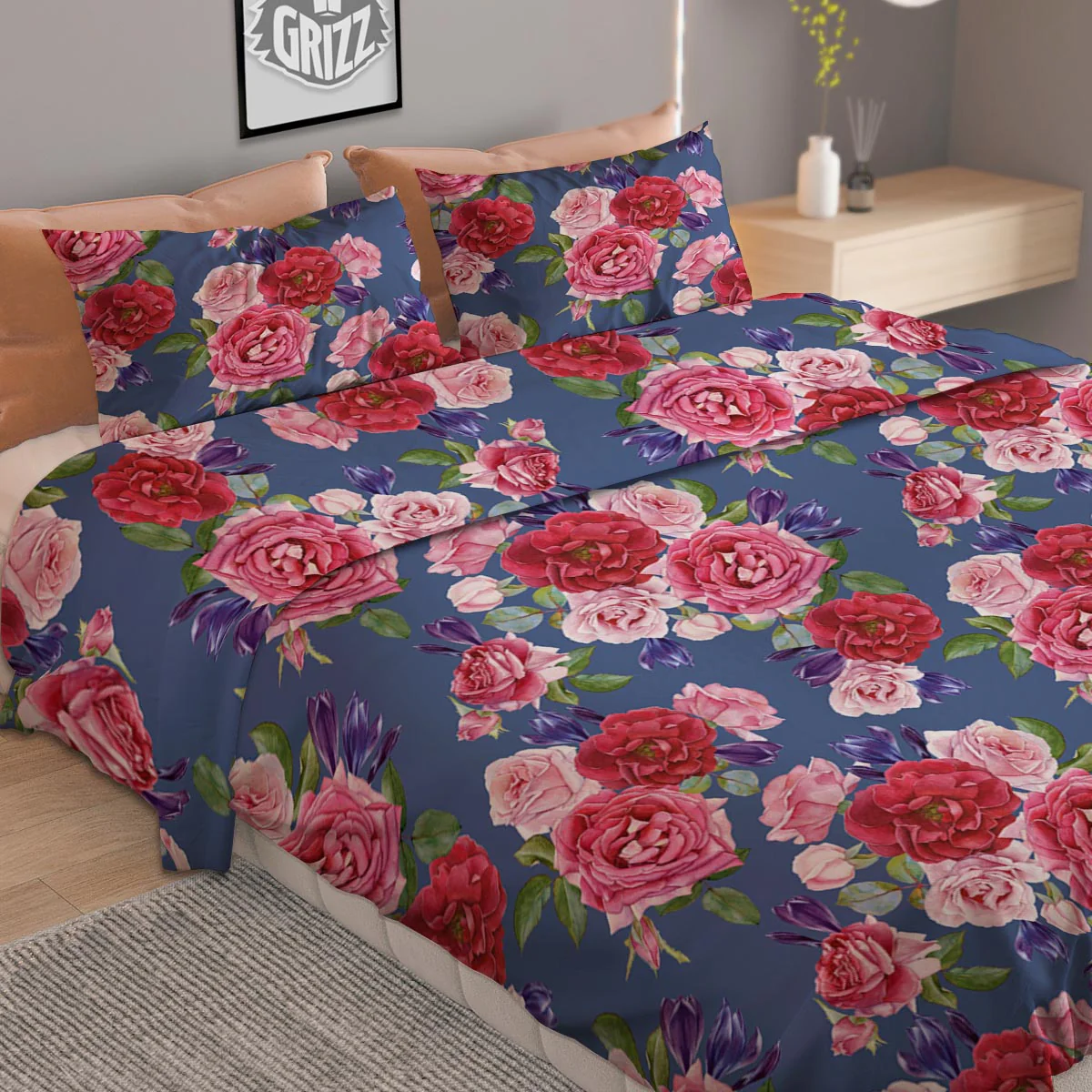 Roses Floral Red Violet Print Pattern Duvet Cover Bedding Set - Image 2