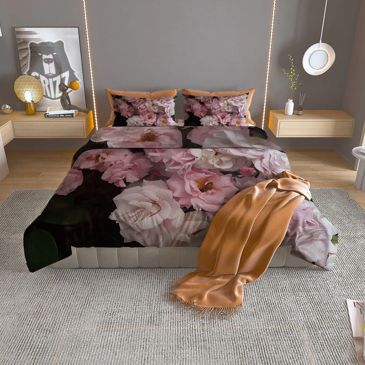 Roses Floral Retro Pink Print Duvet Cover Bedding Set