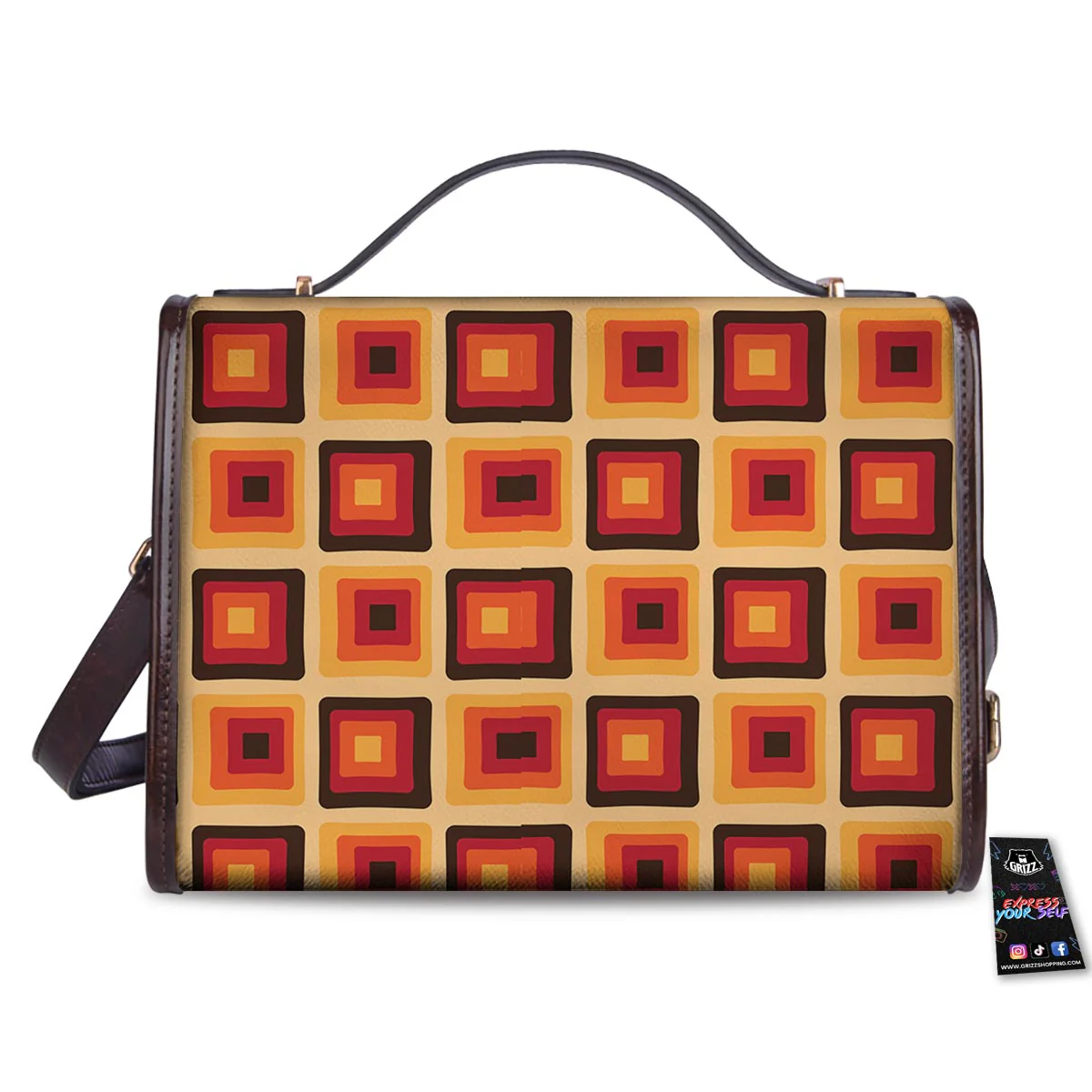 Rounded Square Retro Geometric Print Pattern Women's Satchel Bag - Image 2