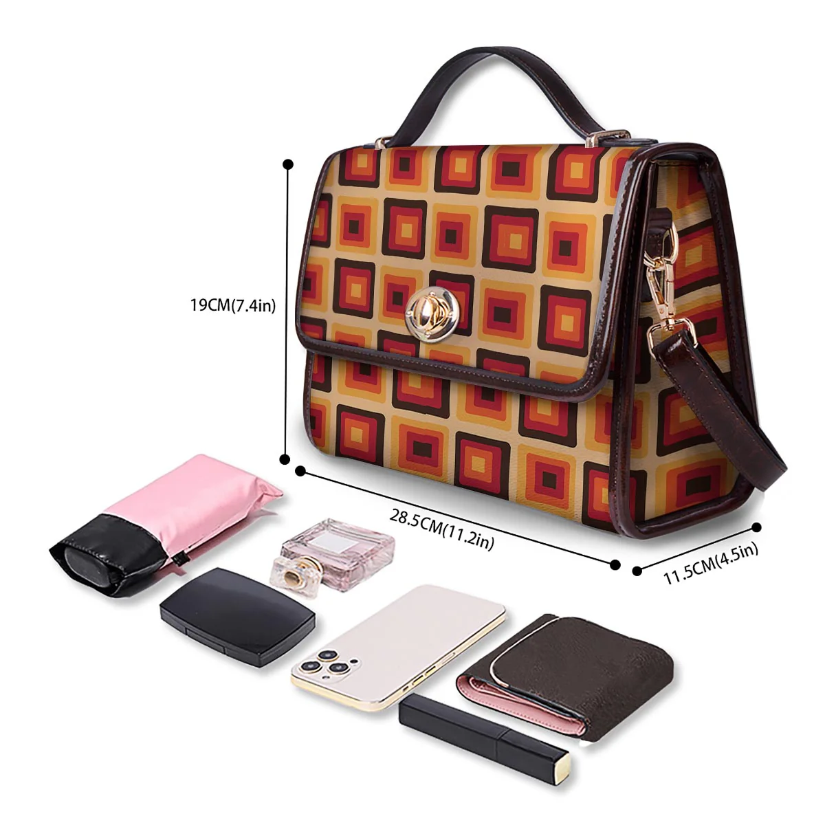 Rounded Square Retro Geometric Print Pattern Women's Satchel Bag - Image 4