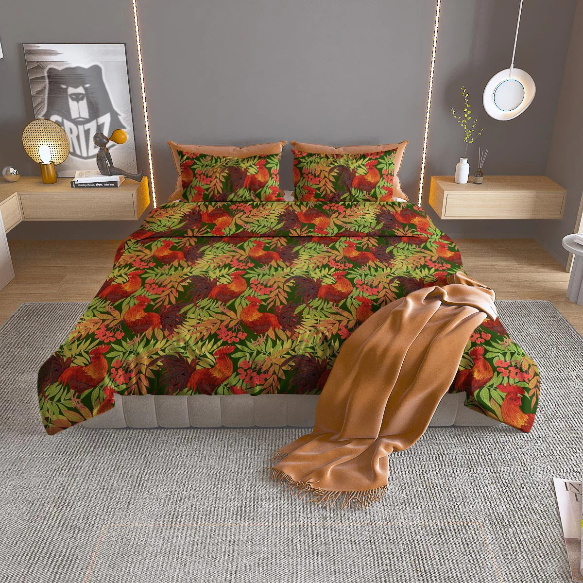 Rowan And Rooster Print Pattern Duvet Cover Bedding Set