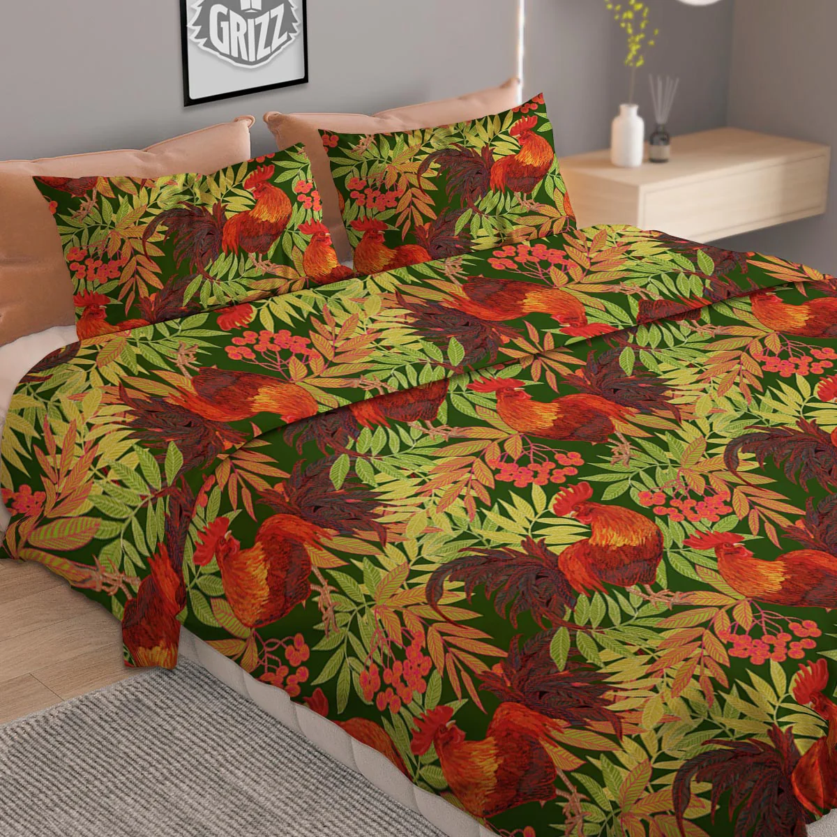 Rowan And Rooster Print Pattern Duvet Cover Bedding Set - Image 2
