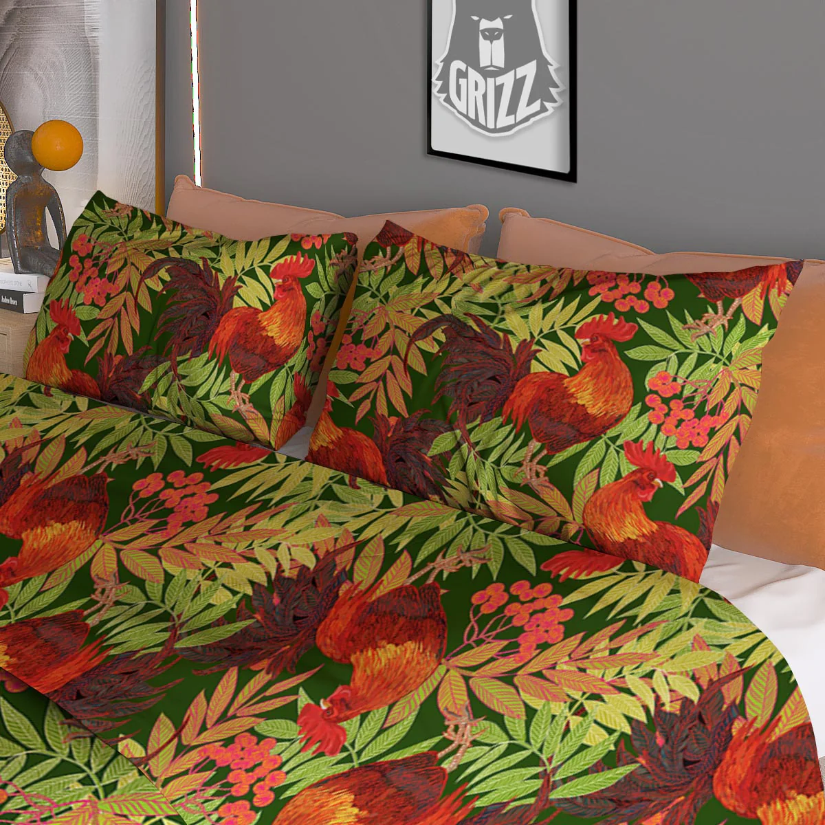 Rowan And Rooster Print Pattern Duvet Cover Bedding Set - Image 3