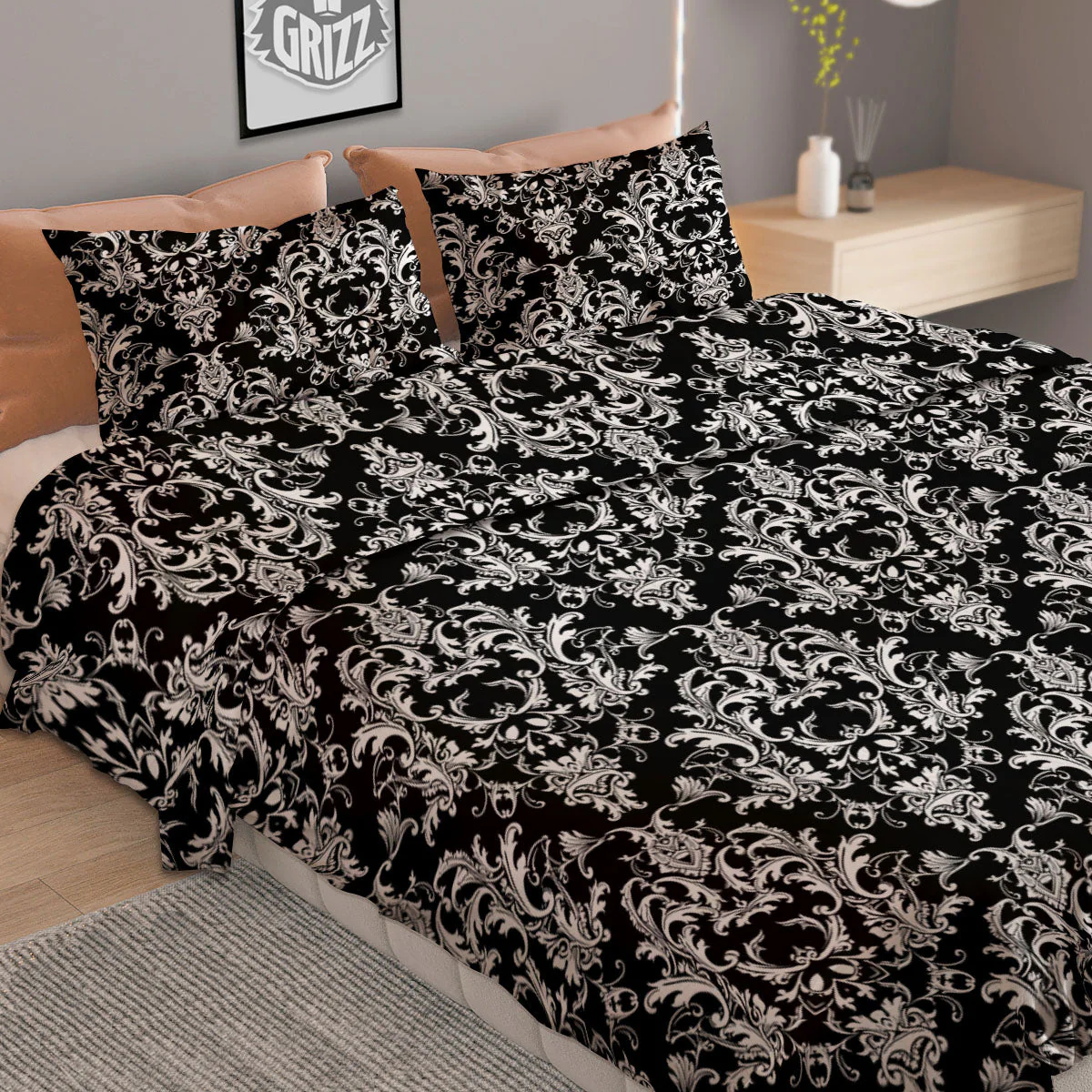 Royal Damask White And Black Print Pattern Duvet Cover Bedding Set - Image 2