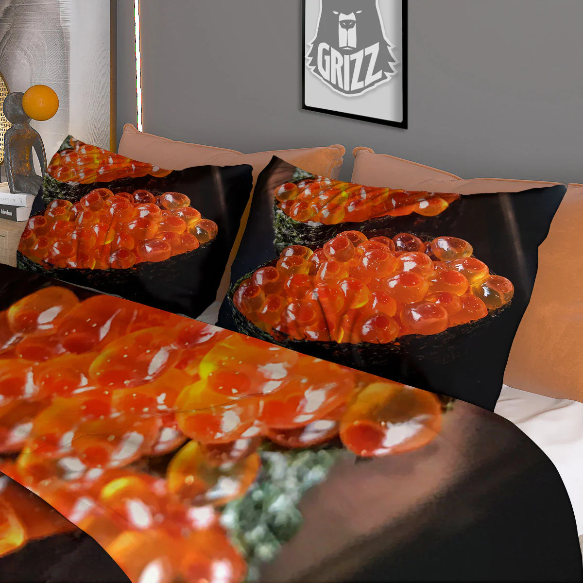 Salmon Roe Sushi Print Duvet Cover Bedding Set - Image 3