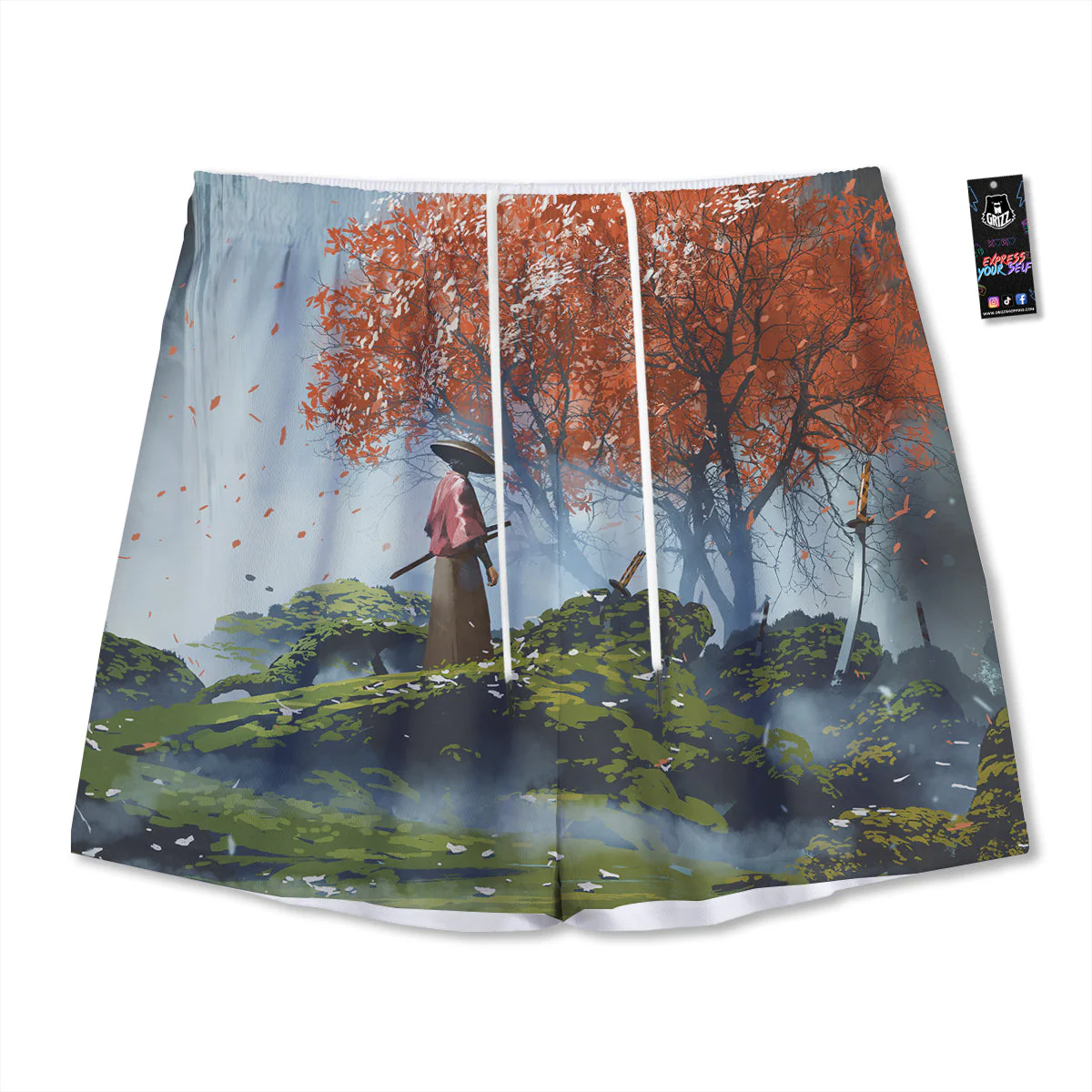 Samurai Fantasy Print Mesh Shorts