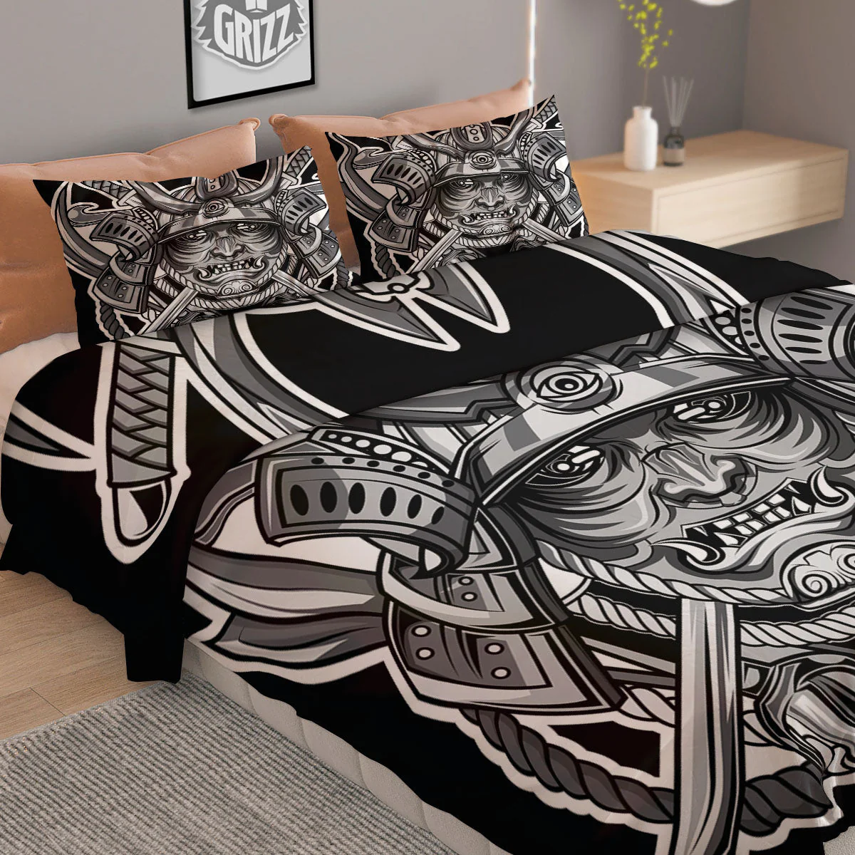 Samurai Mask Silver Print Duvet Cover Bedding Set - Image 2