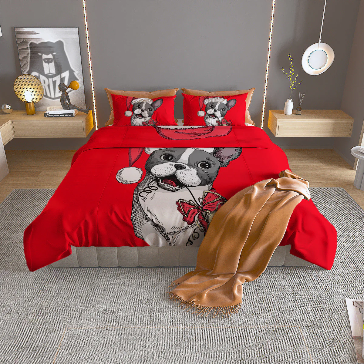 Santa Christmas French Bulldog Print Duvet Cover Bedding Set