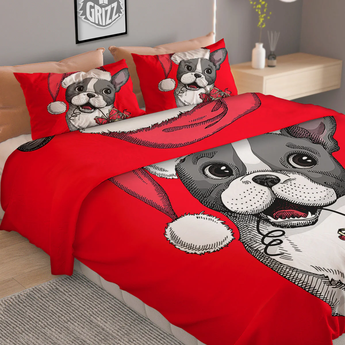 Santa Christmas French Bulldog Print Duvet Cover Bedding Set - Image 2