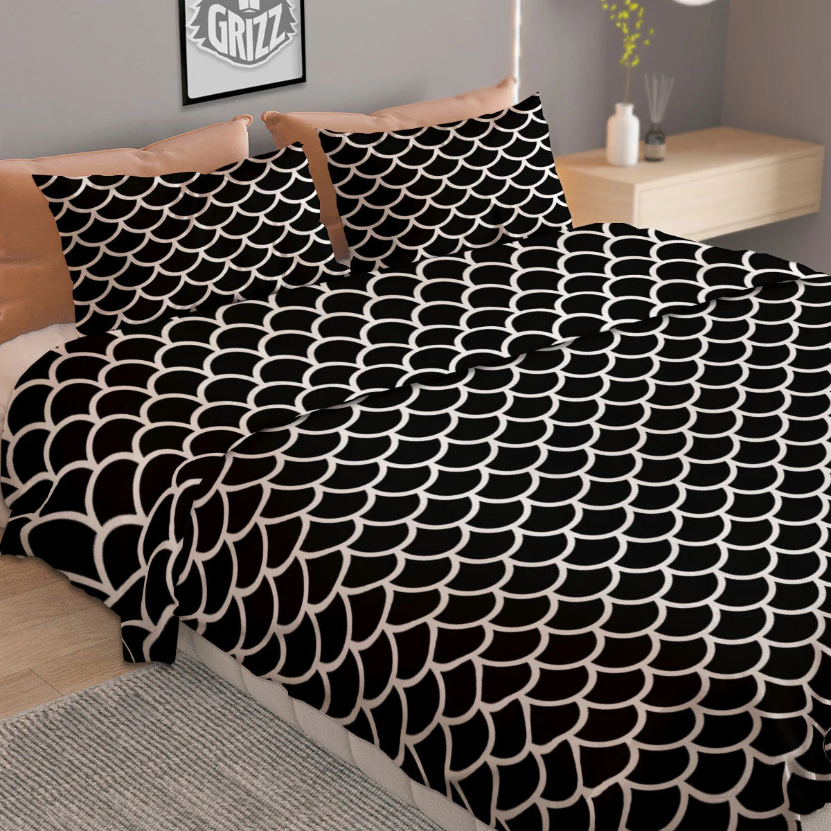 Scales Black Mermaid Print Pattern Duvet Cover Bedding Set - Image 2