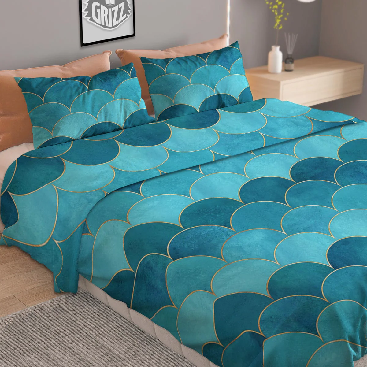 Scales Teal Mermaid Print Pattern Duvet Cover Bedding Set - Image 2