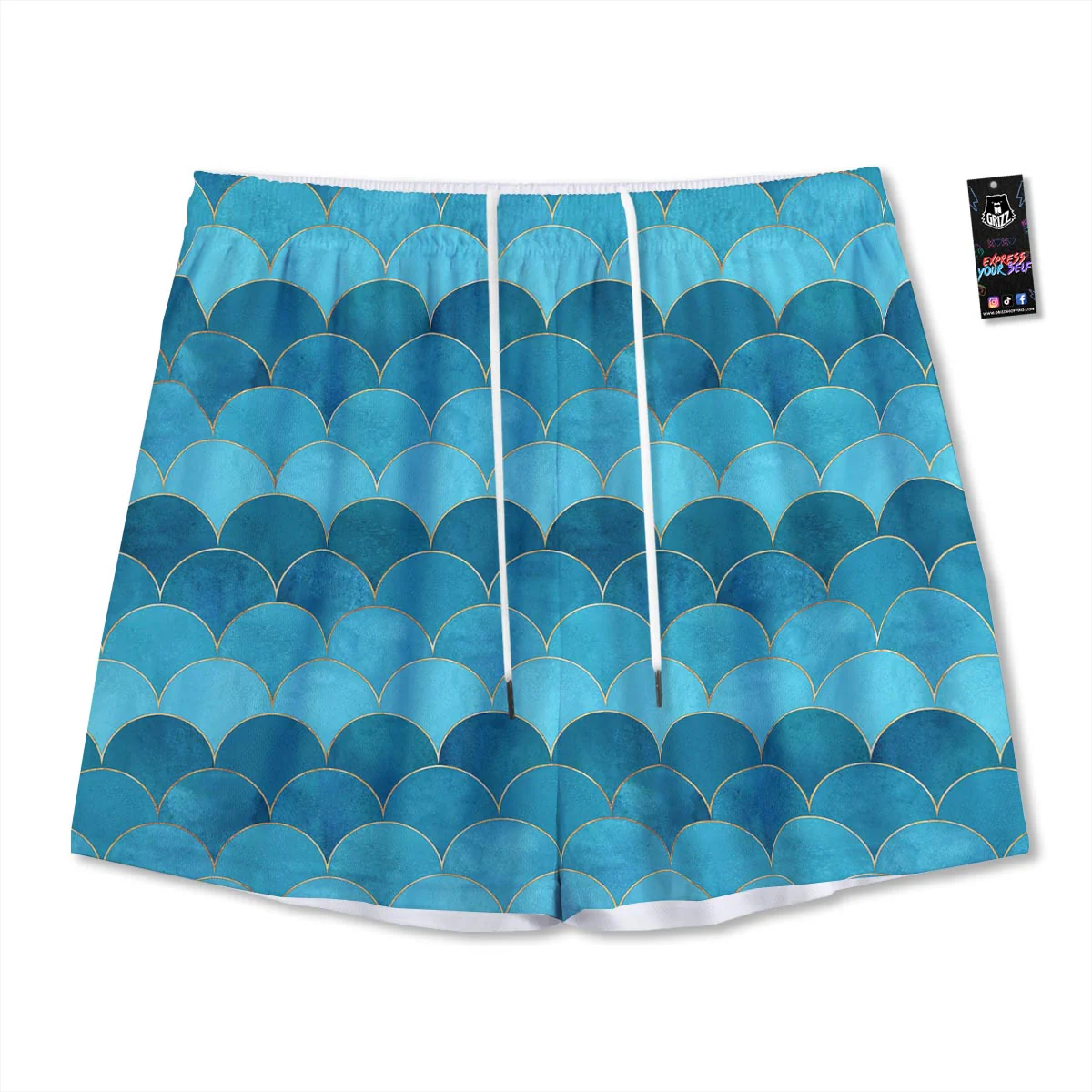 Scales Teal Mermaid Print Pattern Mesh Shorts