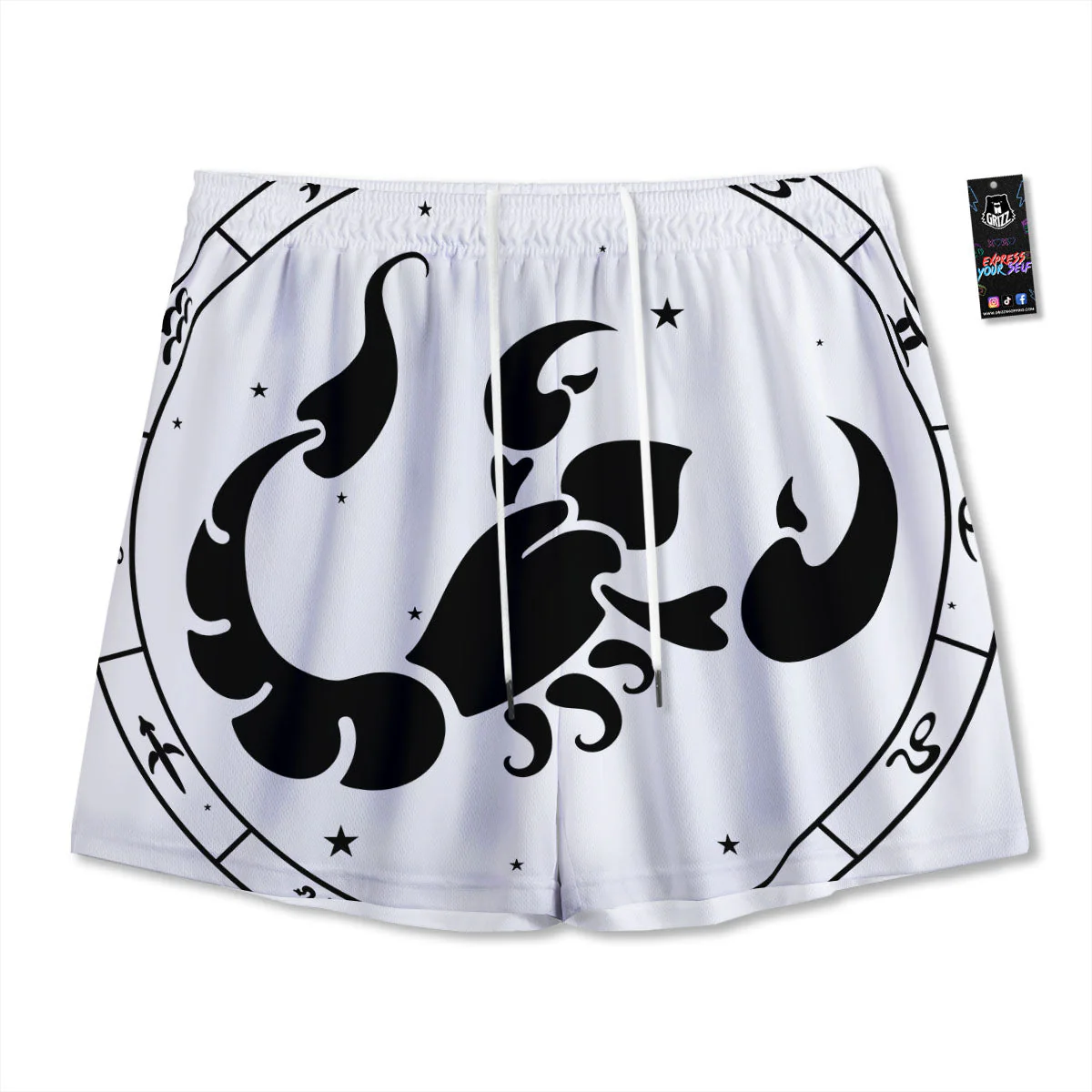 Scorpio Sign White And Black Print Mesh Shorts