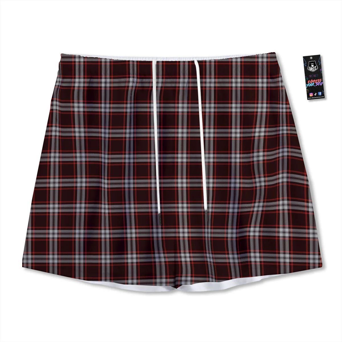 Scottish Plaid Grey Black And Red Print Mesh Shorts