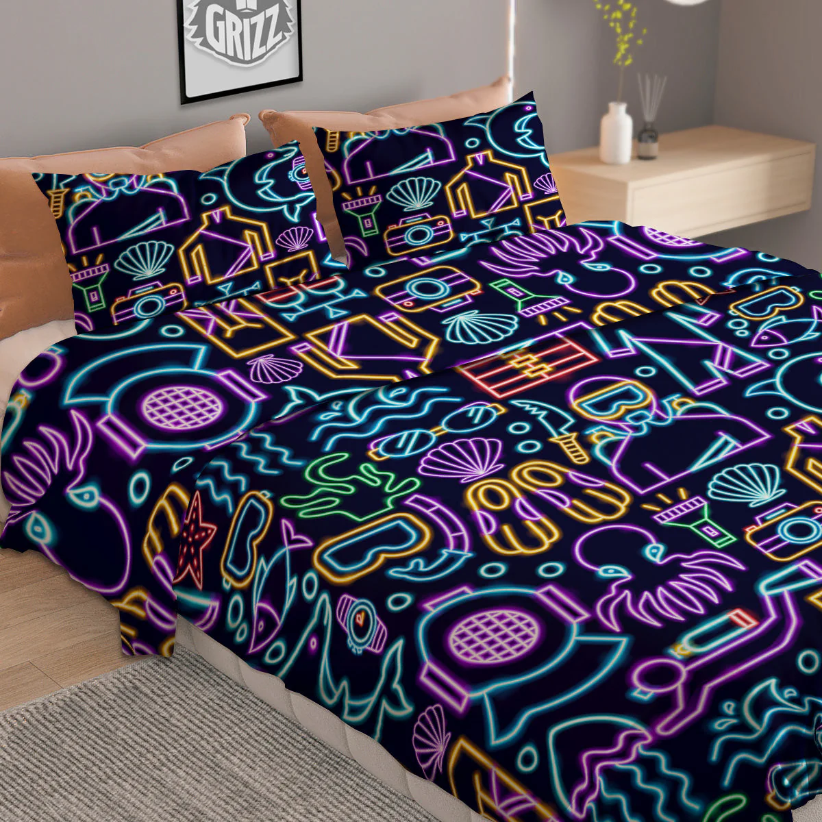 Scuba Diver Neon Print Pattern Duvet Cover Bedding Set - Image 2