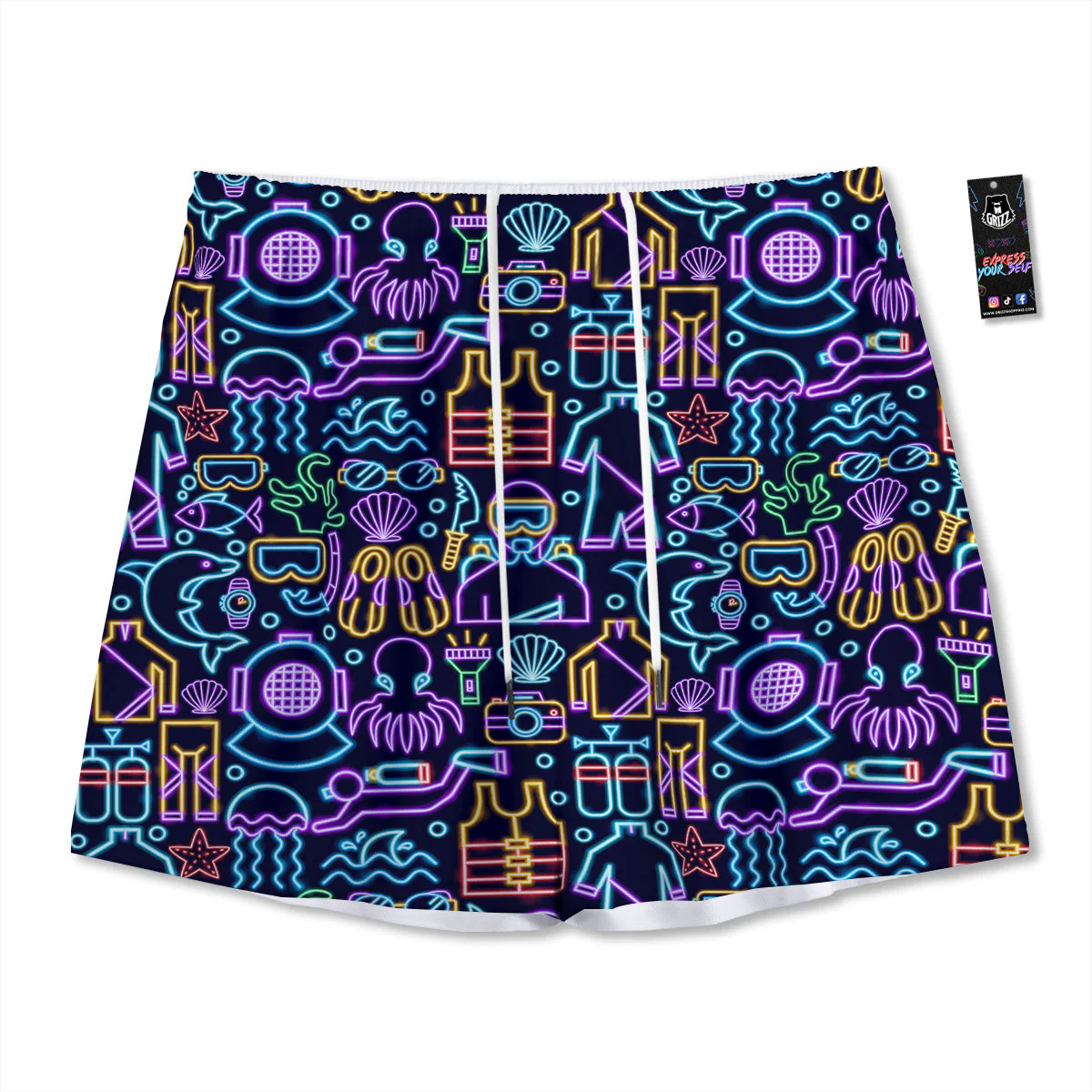 Scuba Diver Neon Print Pattern Mesh Shorts