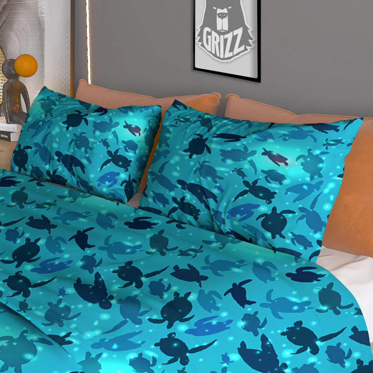 Sea Turtle Black And Blue Print Pattern Duvet Cover Bedding Set - Image 3