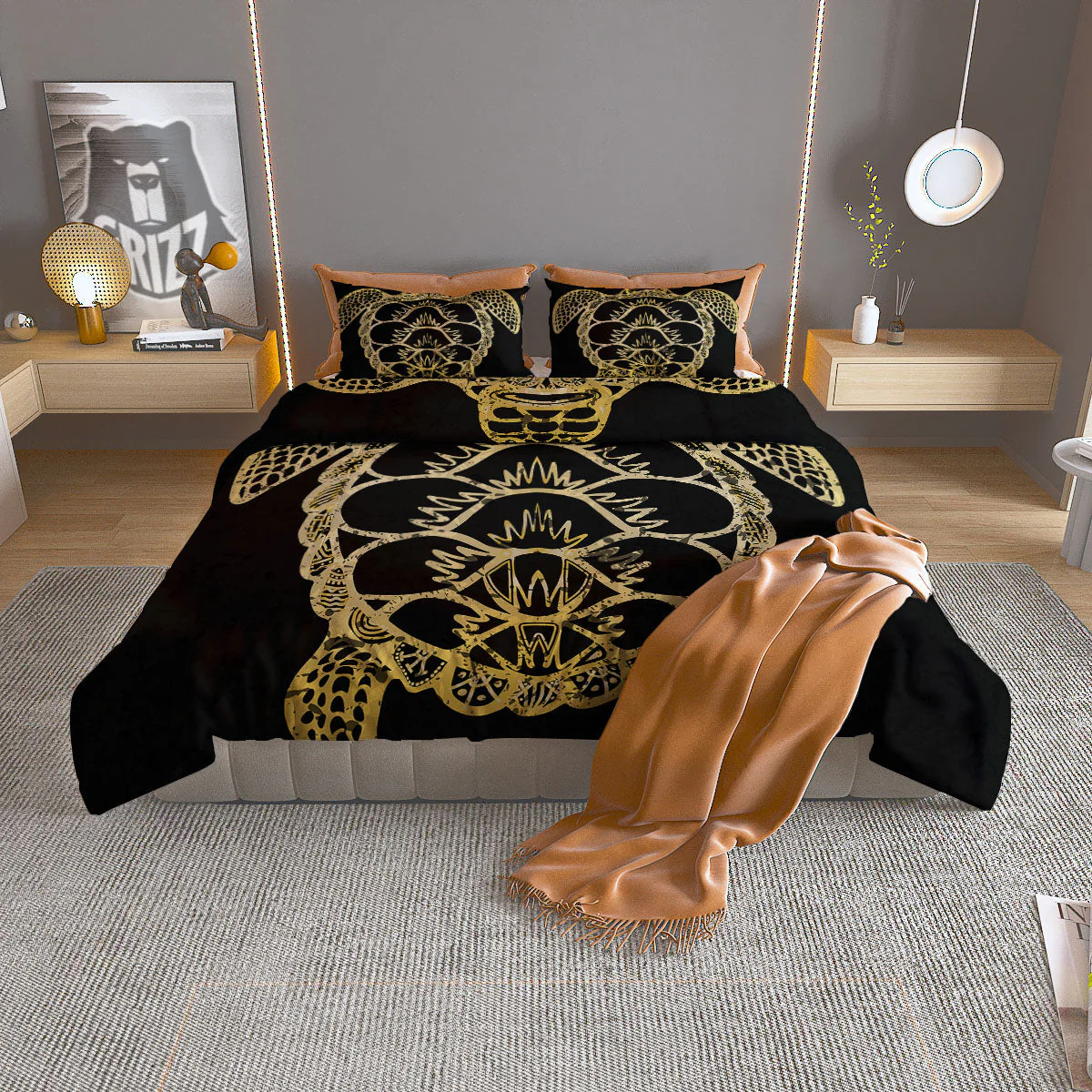Sea Turtle Gold And Black Print Duvet Cover Bedding Set
