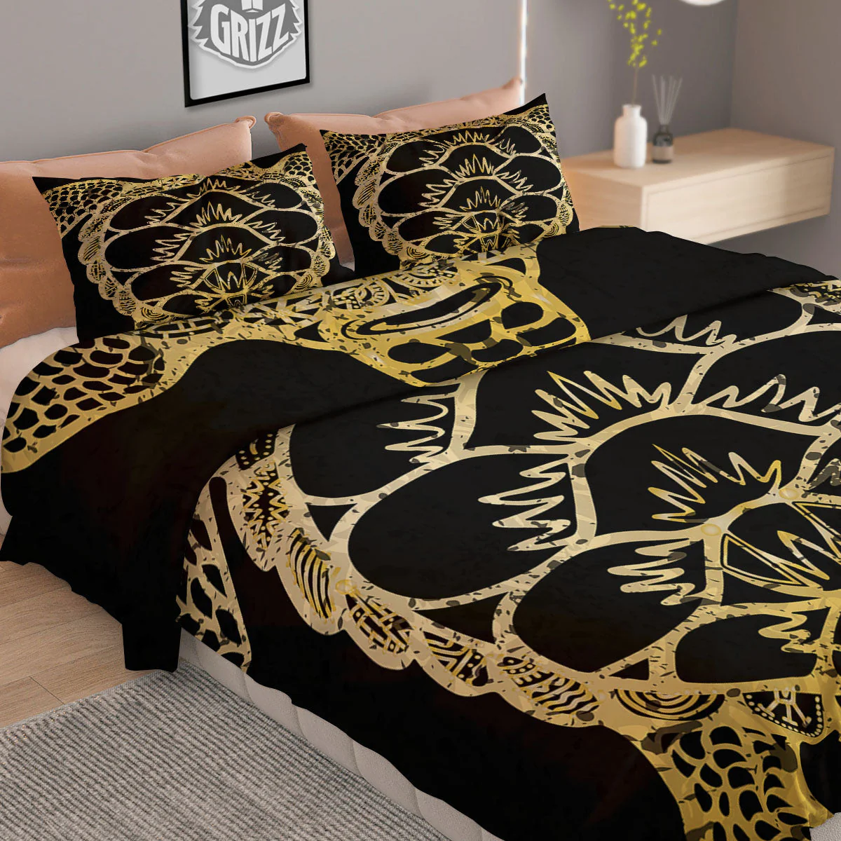 Sea Turtle Gold And Black Print Duvet Cover Bedding Set - Image 2