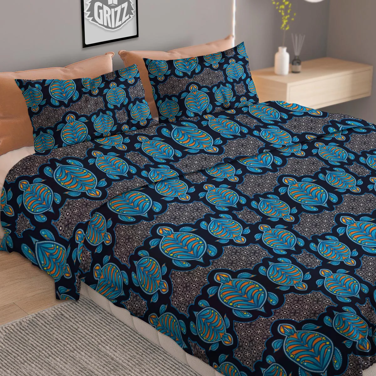 Sea Turtle Retro Print Pattern Duvet Cover Bedding Set - Image 2