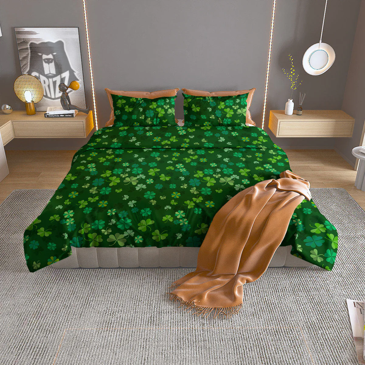 Shamrock Leaf Green Print Pattern Duvet Cover Bedding Set