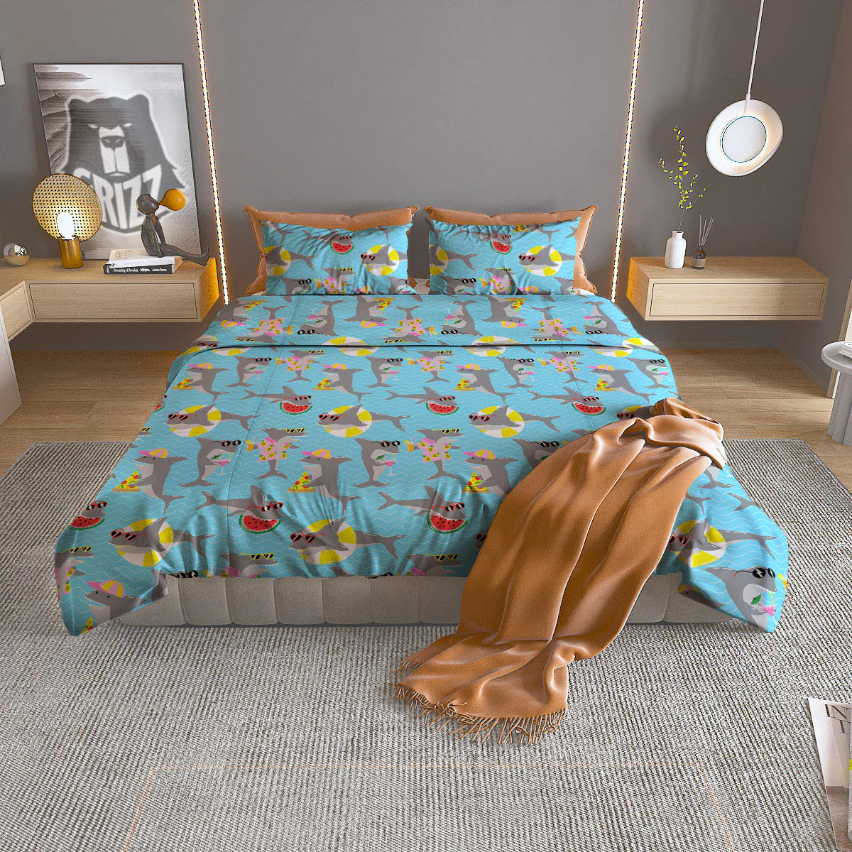 Shark Cartoon Print Pattern Duvet Cover Bedding Set