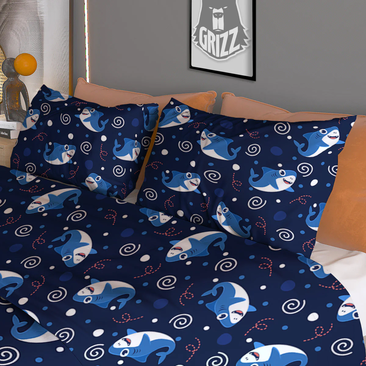 Shark Cute White Print Pattern Duvet Cover Bedding Set - Image 3