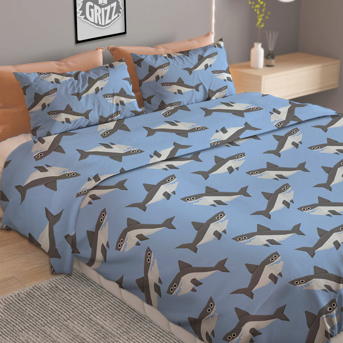 Shark Grey And White Print Pattern Duvet Cover Bedding Set - Image 2