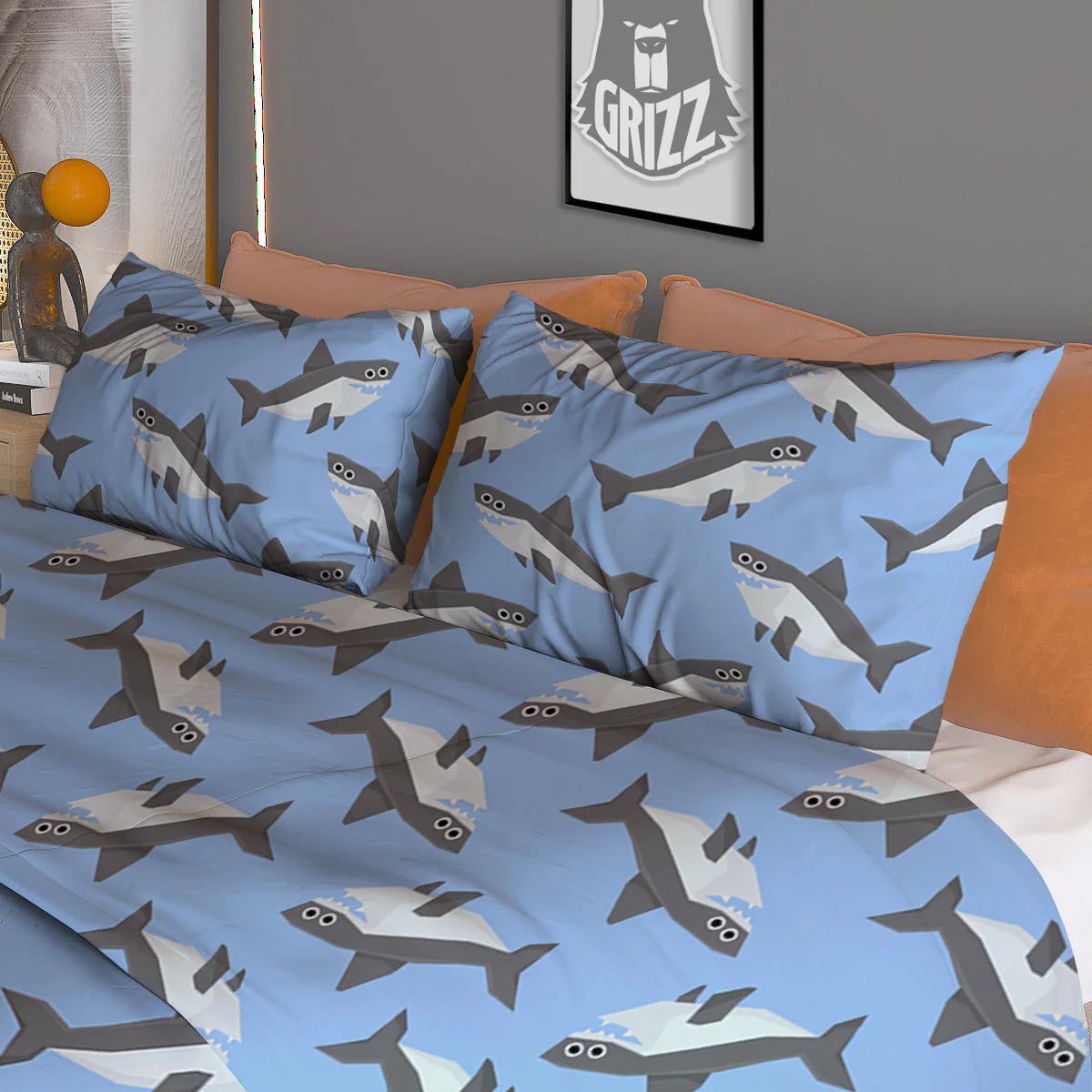 Shark Grey And White Print Pattern Duvet Cover Bedding Set - Image 3
