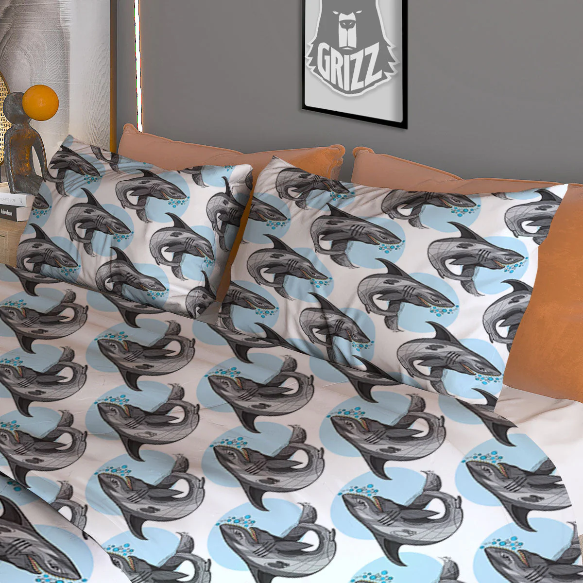 Shark White And Grey Print Pattern Duvet Cover Bedding Set - Image 3