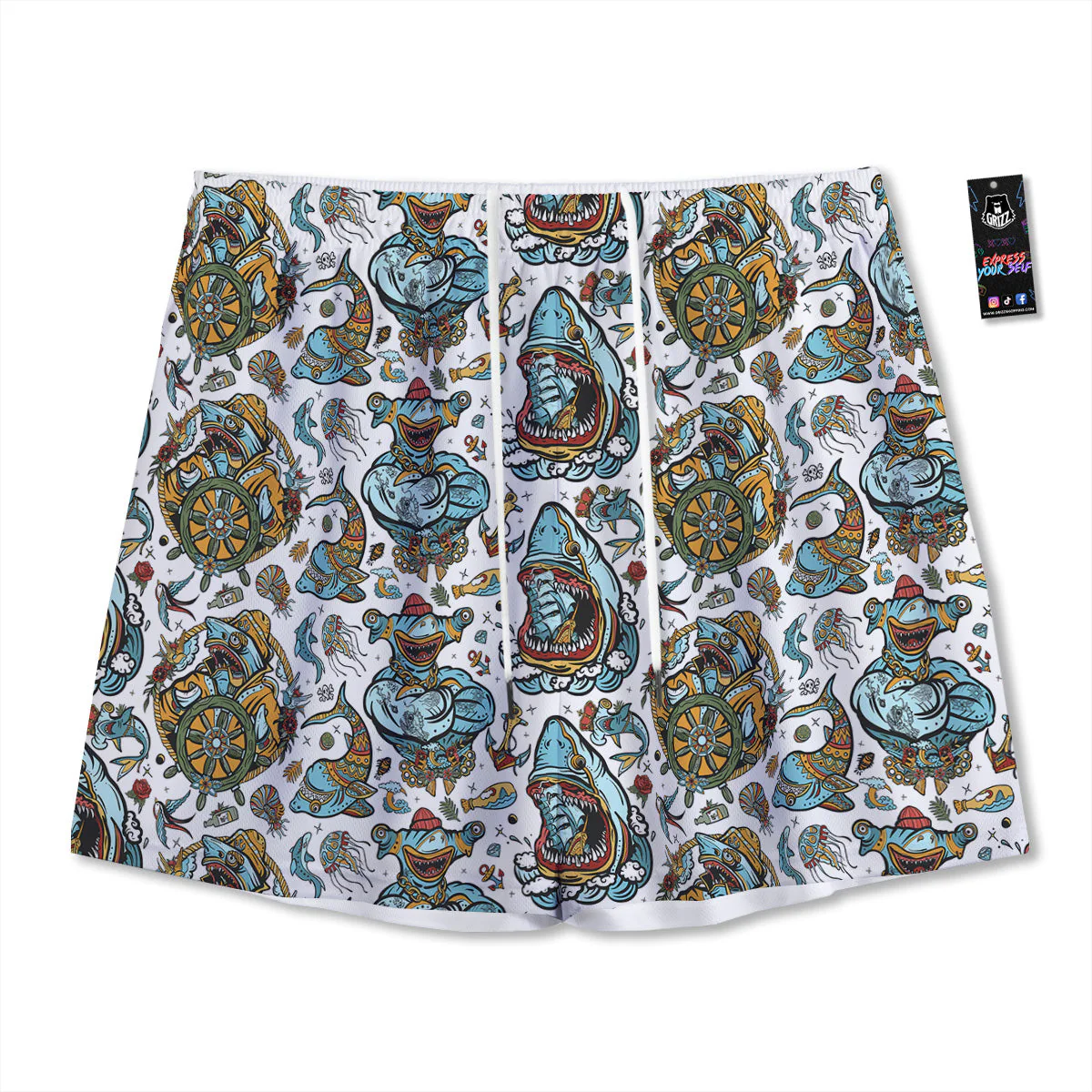 Sharks Underwater Tattoo Print Pattern Mesh Shorts