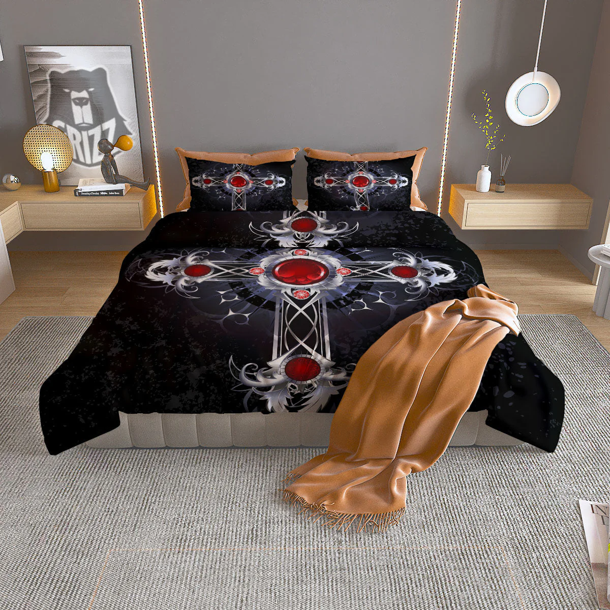 Silver Cross Ornamental Print Duvet Cover Bedding Set