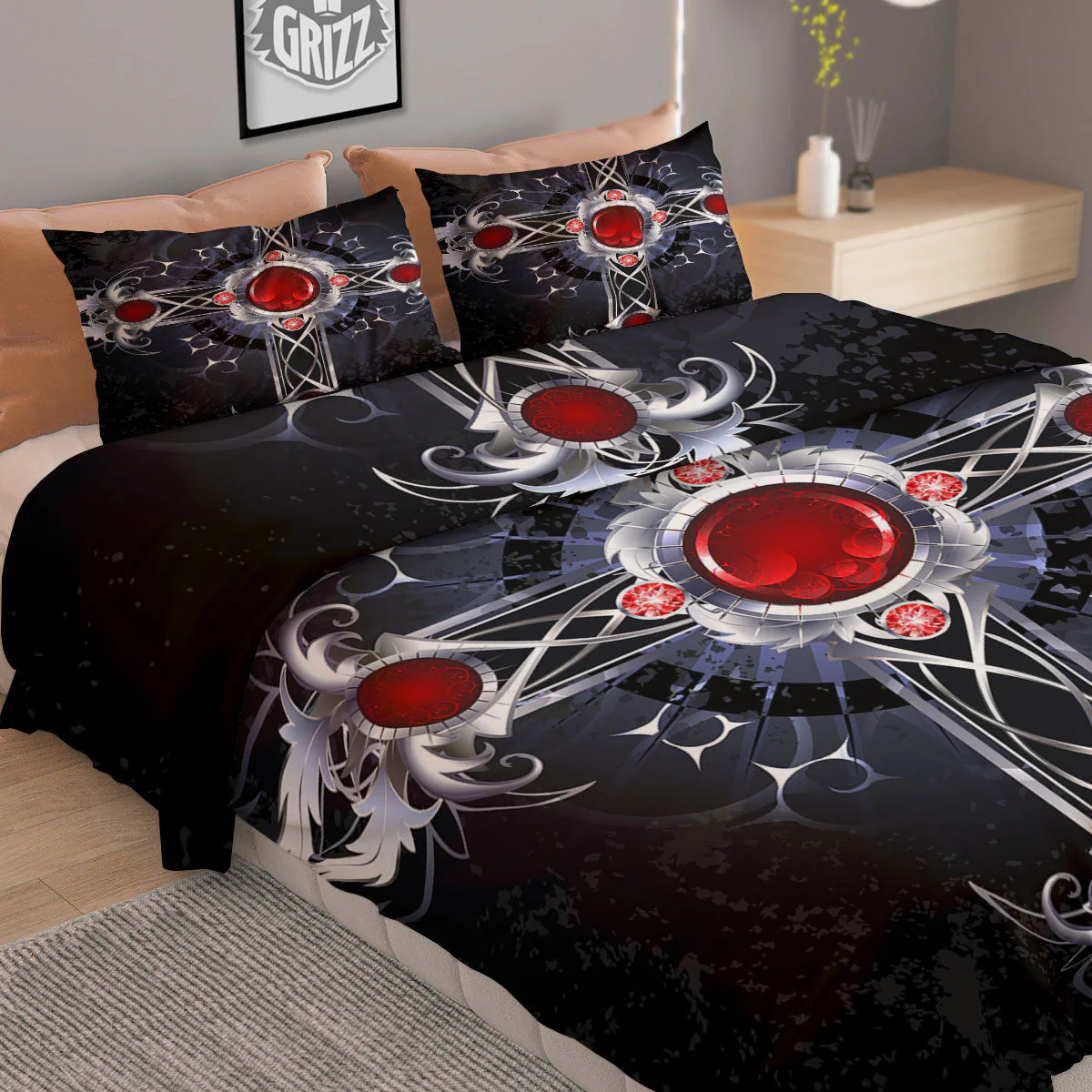 Silver Cross Ornamental Print Duvet Cover Bedding Set - Image 2
