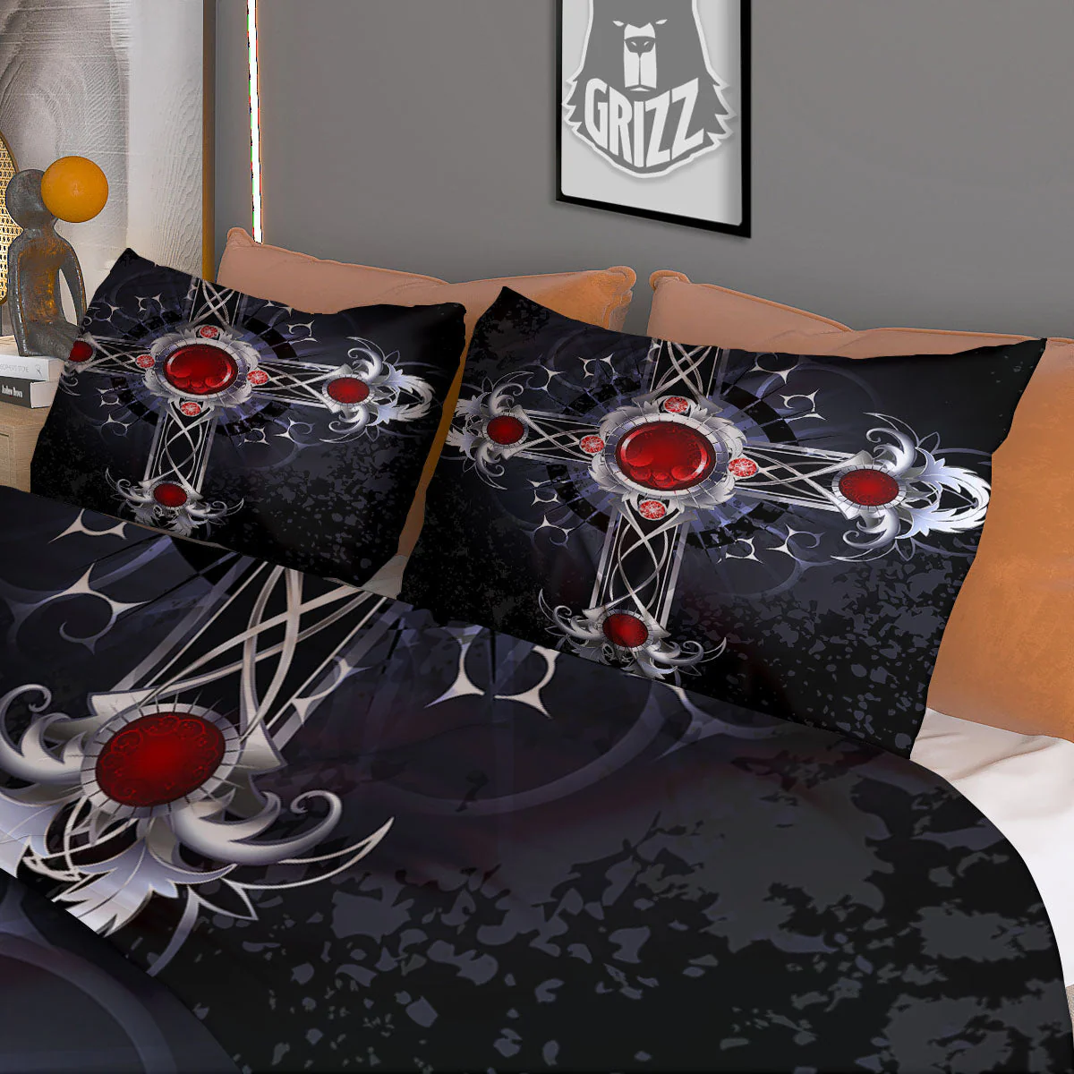 Silver Cross Ornamental Print Duvet Cover Bedding Set - Image 3