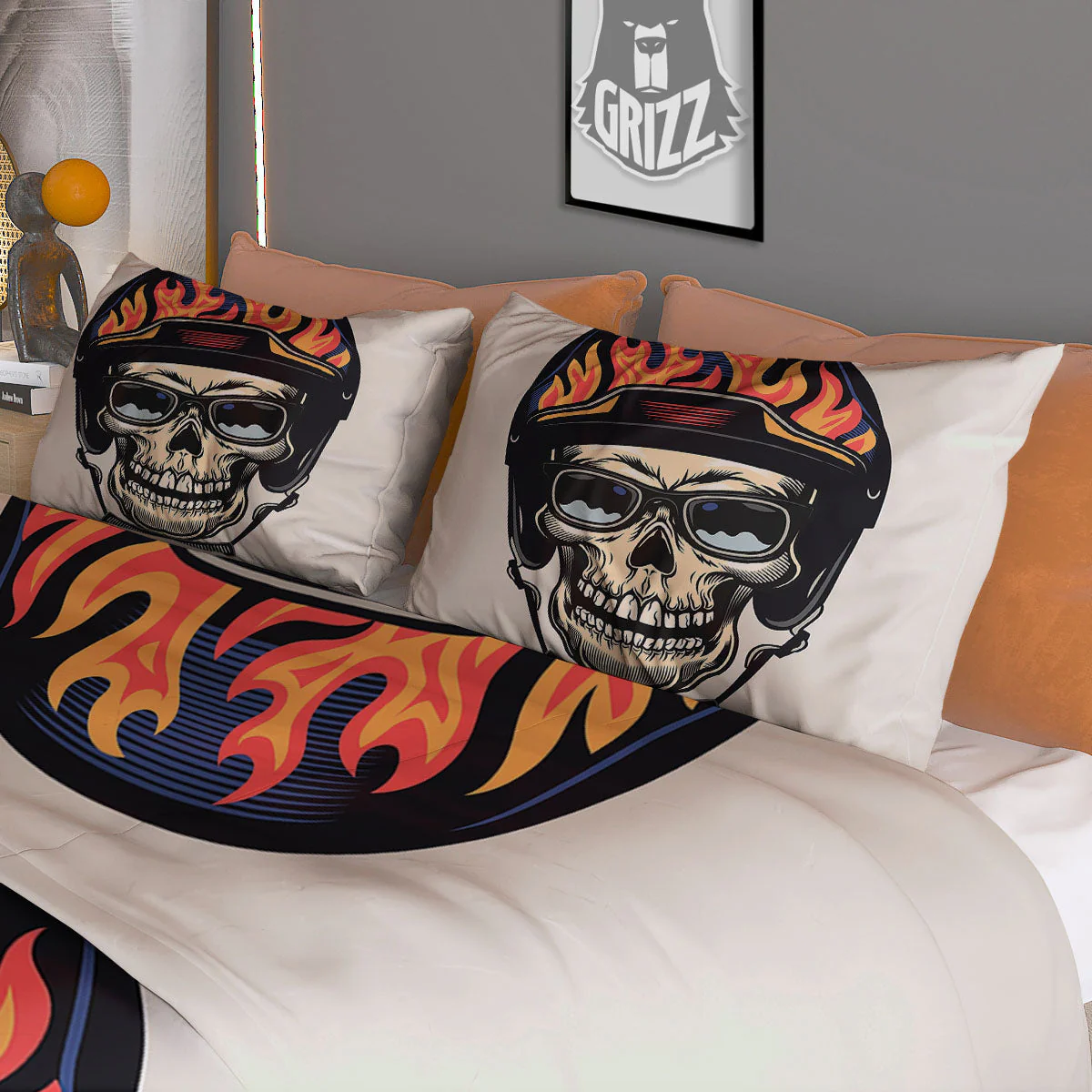 Skull Biker Helmet Vintage Print Duvet Cover Bedding Set - Image 3