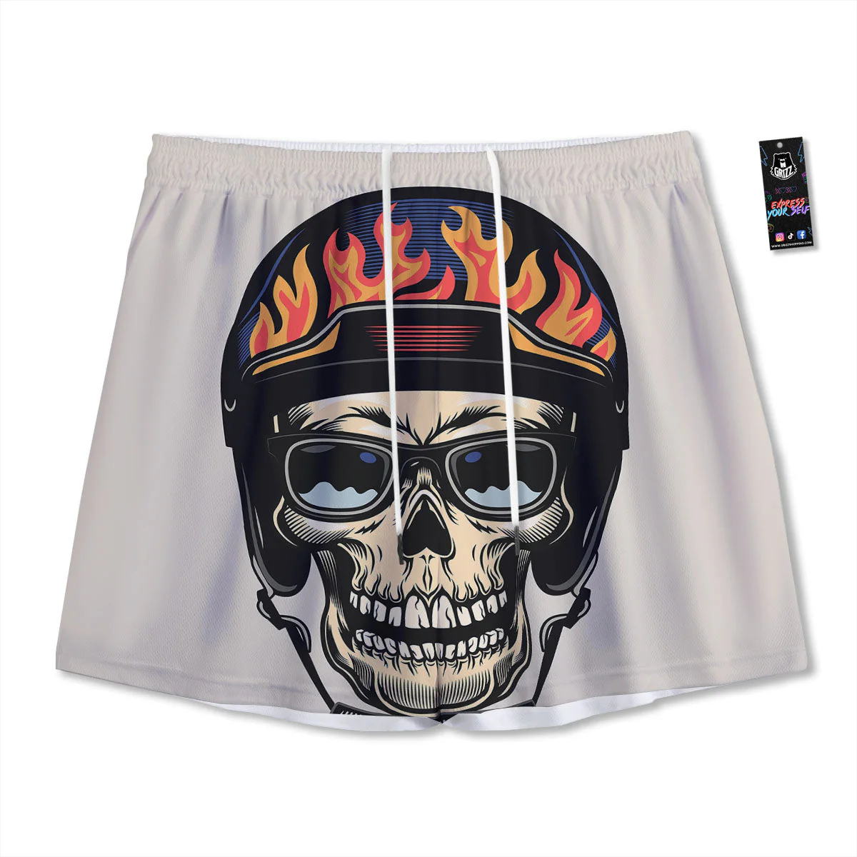 Skull Biker Helmet Vintage Print Mesh Shorts