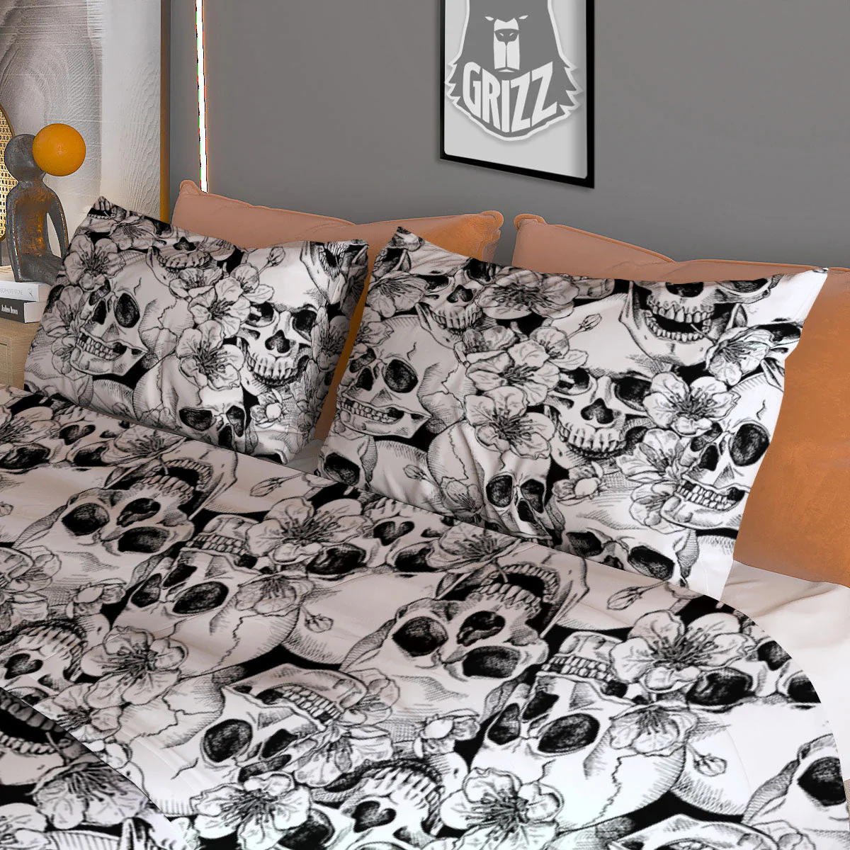 Skull Blossom Peony Print Pattern Duvet Cover Bedding Set - Image 3